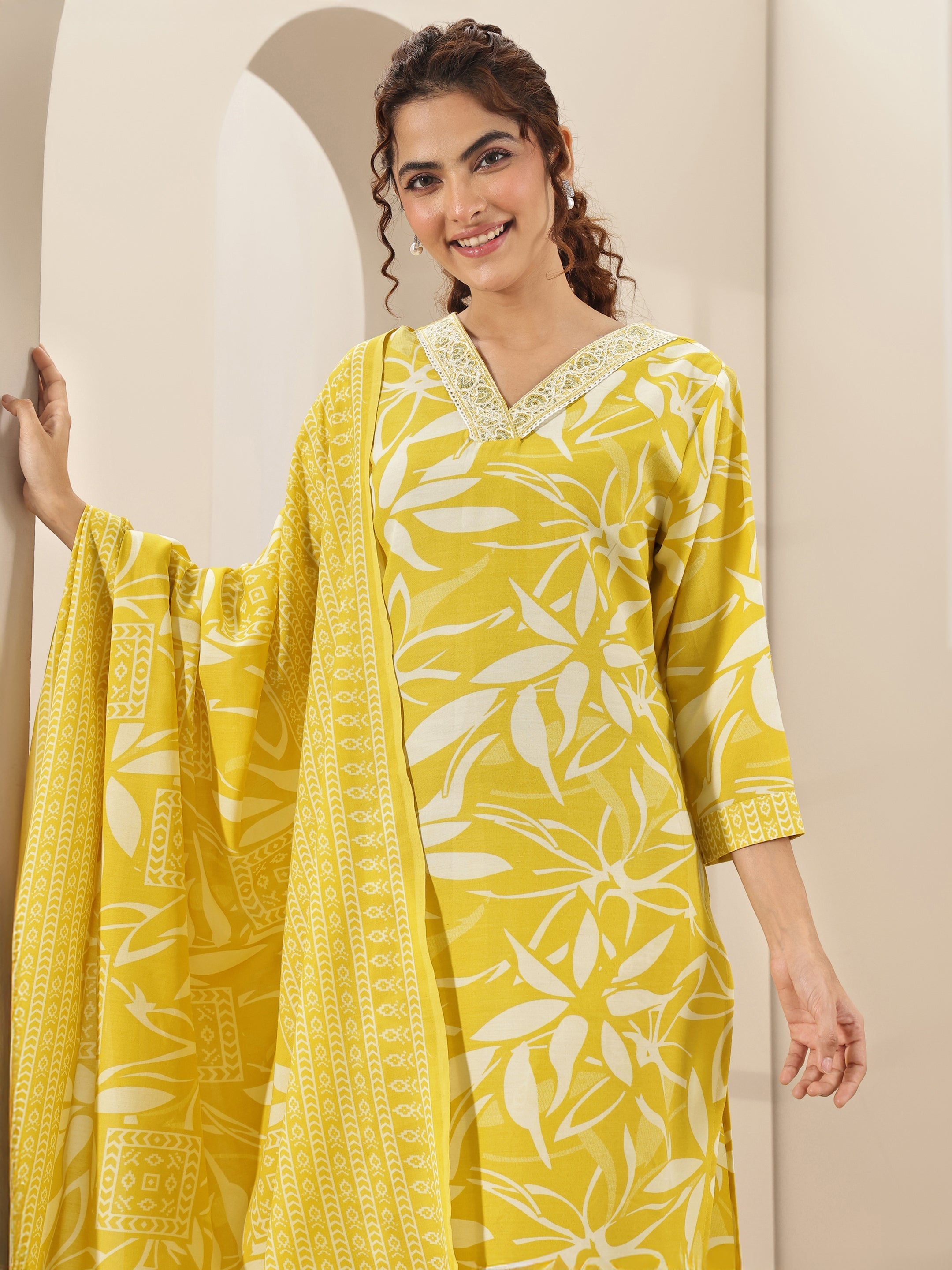 Gerua Yellow Printed Cotton Blend Straight Suit Sets With Dupatta