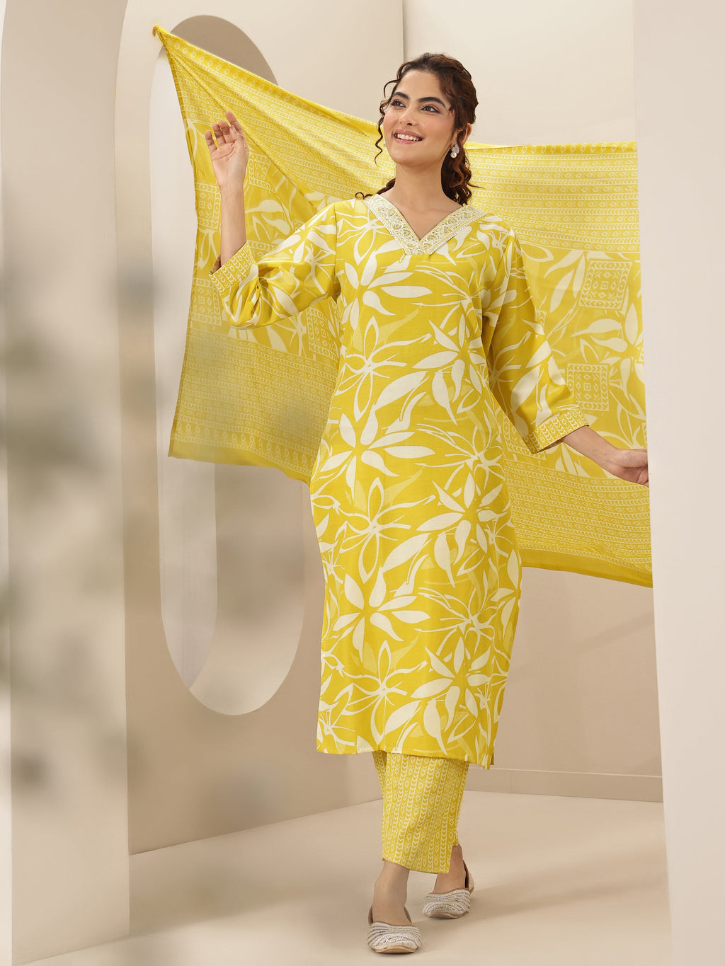 Gerua Yellow Printed Cotton Blend Straight Suit Sets With Dupatta