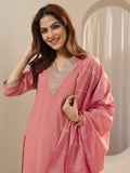 Gerua Peach Embroidered Silk Blend Straight Suit Sets With Dupatta