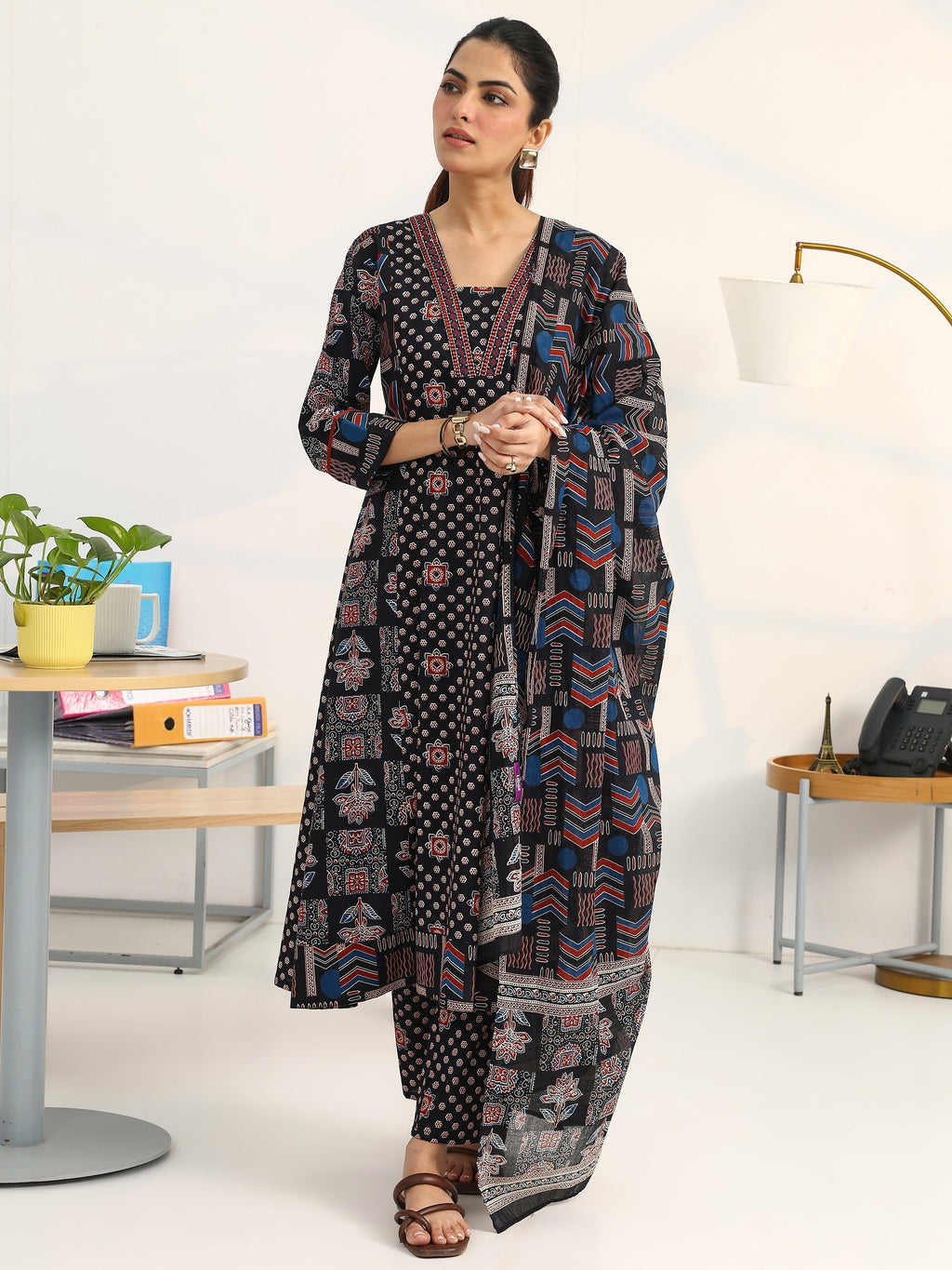 Gerua Black Ethnic Motifs Printed Cotton Blend A-Line Suit Set With Dupatta