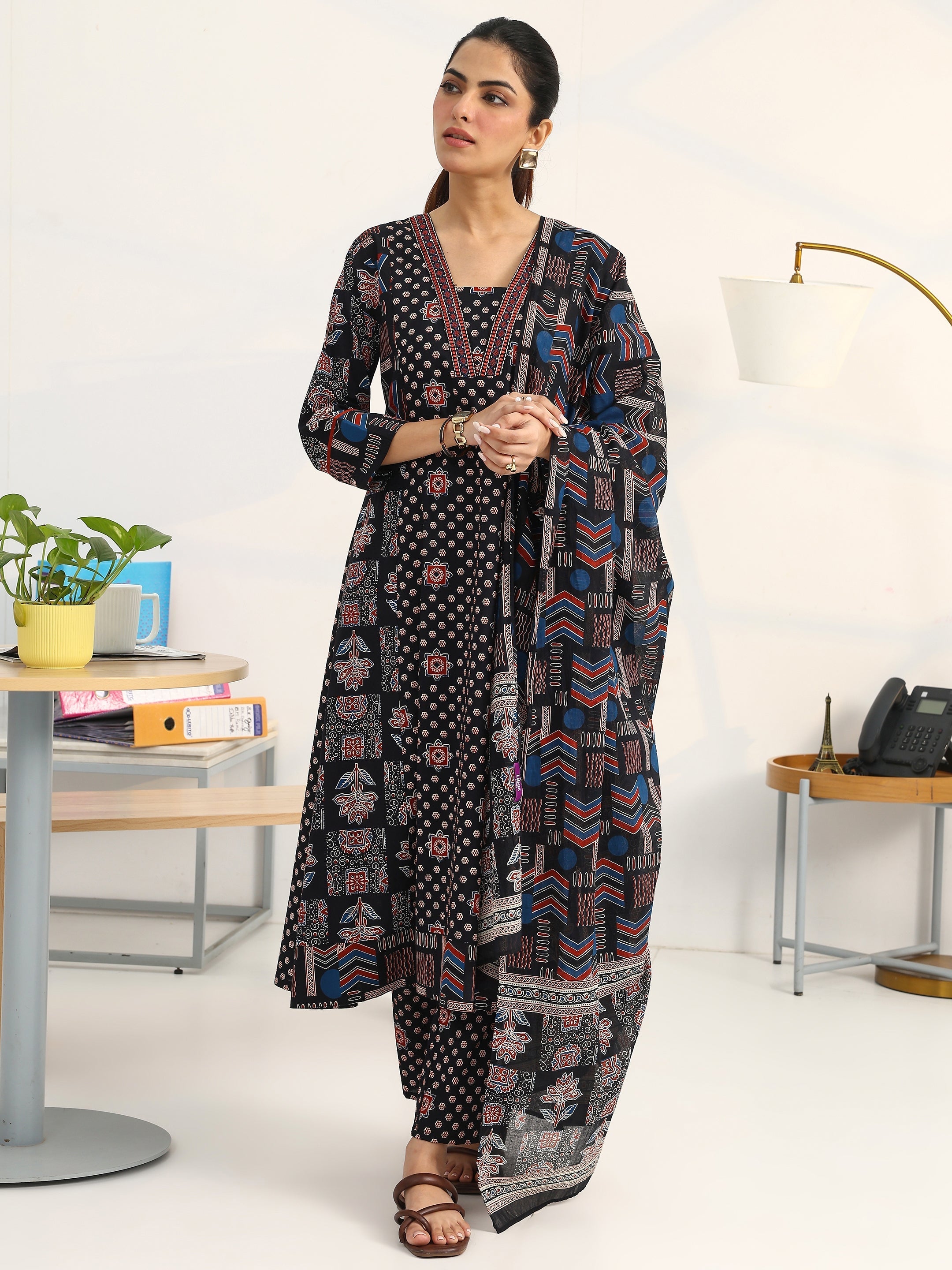 Gerua Black Ethnic Motifs Printed Cotton Blend A-Line Suit Set With Dupatta