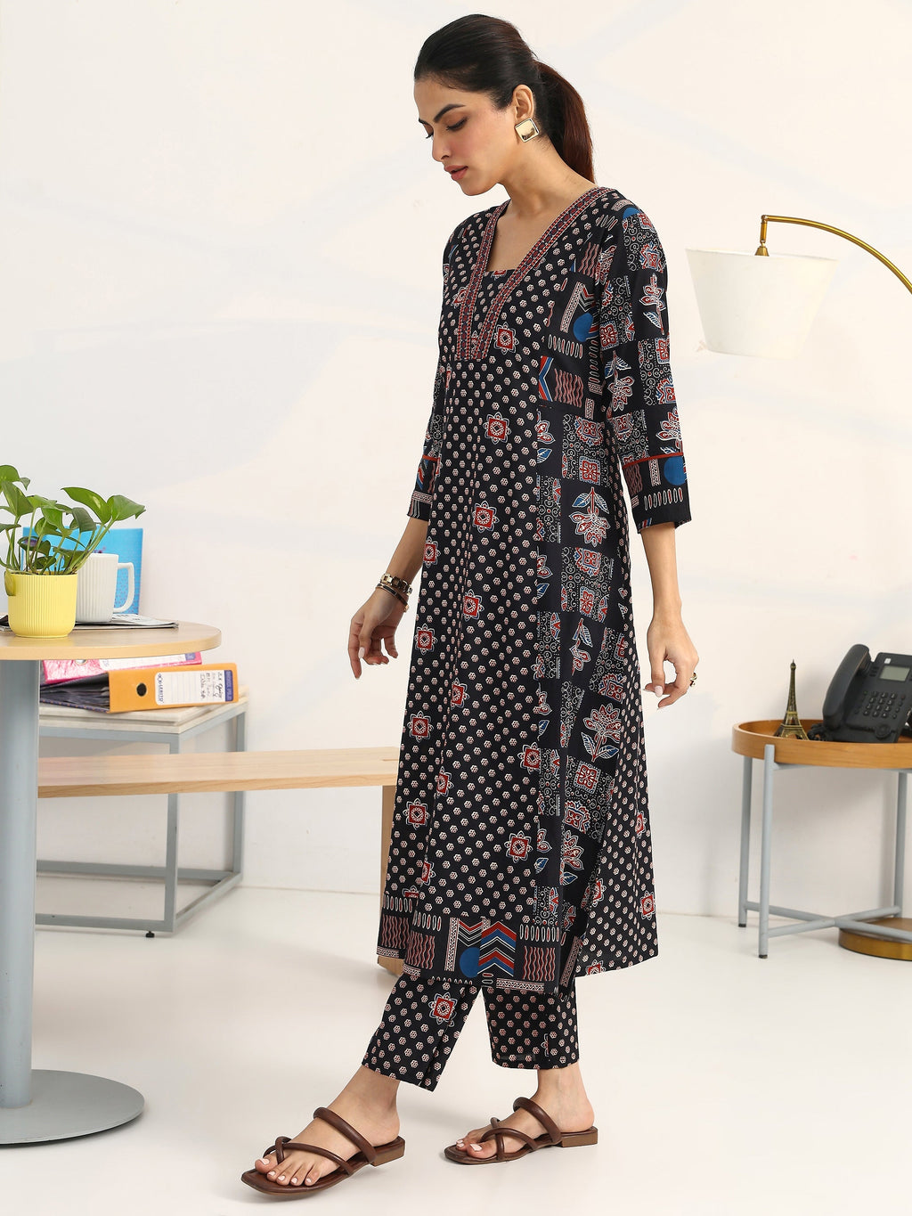 Gerua Black Ethnic Motifs Printed Cotton Blend A-Line Suit Set With Dupatta