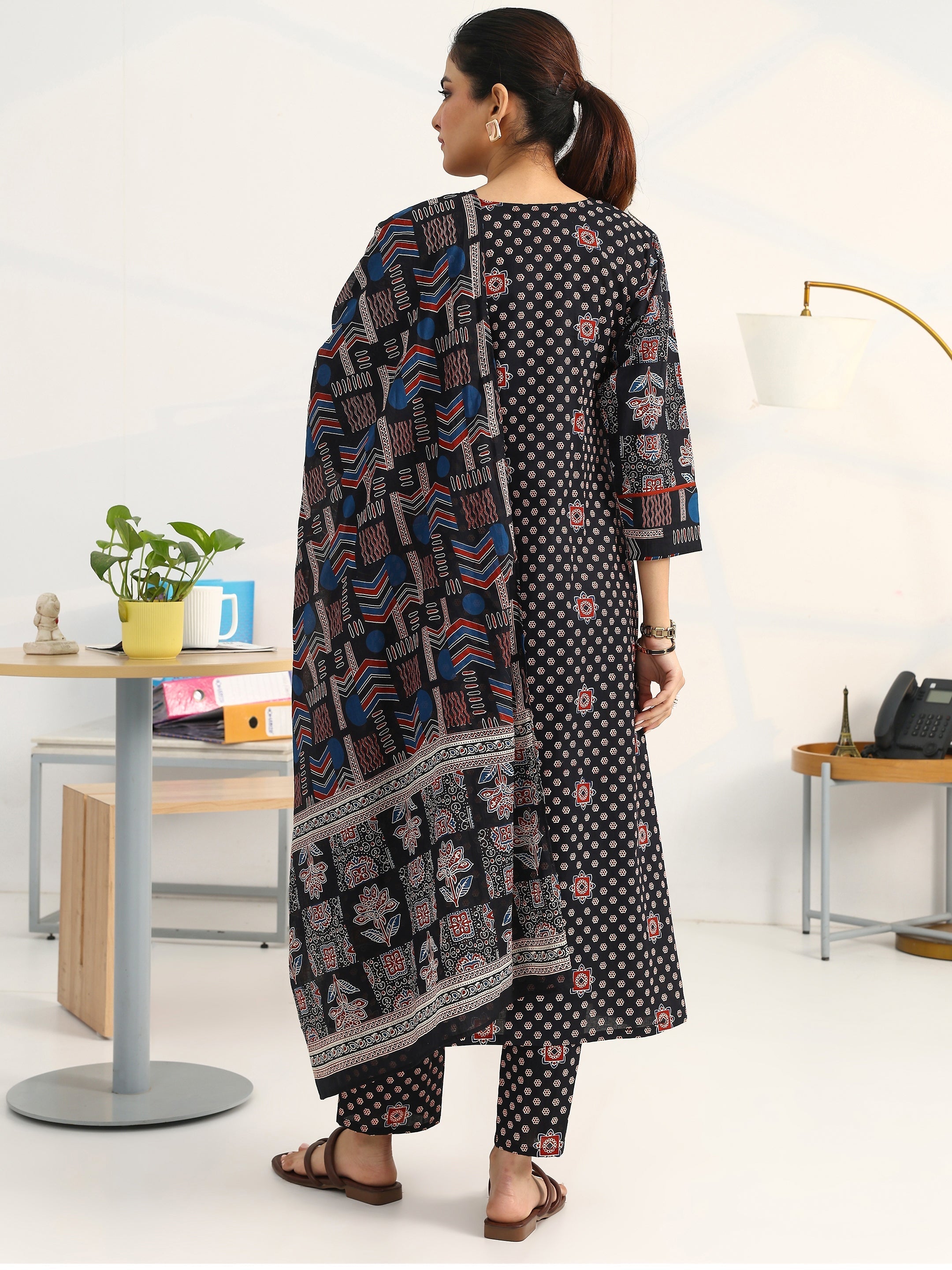 Gerua Black Ethnic Motifs Printed Cotton Blend A-Line Suit Set With Dupatta