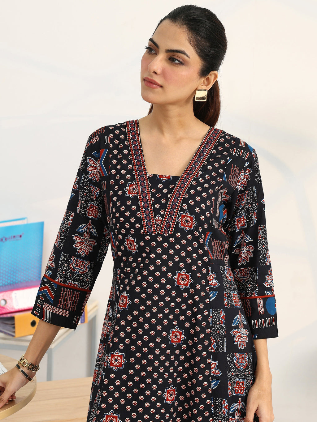 Gerua Black Ethnic Motifs Printed Cotton Blend A-Line Suit Set With Dupatta