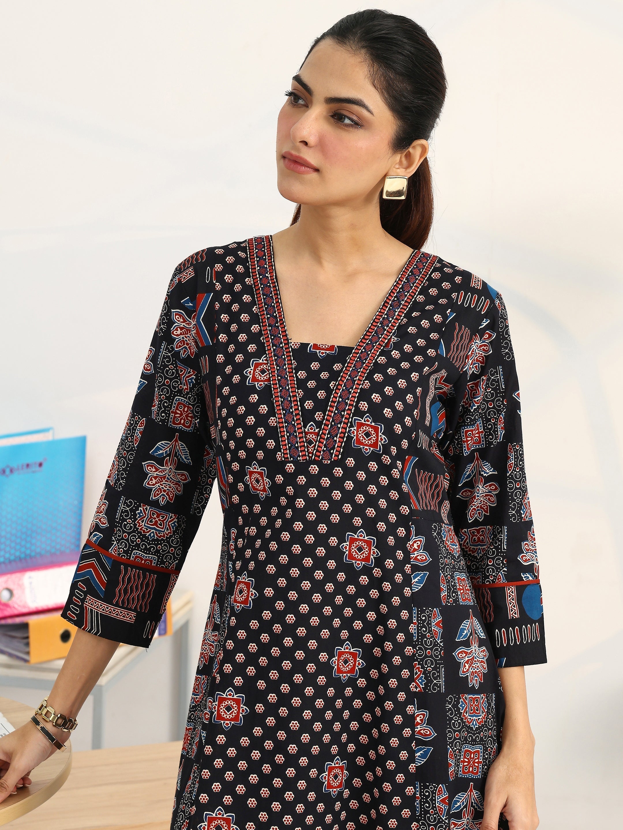 Gerua Black Ethnic Motifs Printed Cotton Blend A-Line Suit Set With Dupatta