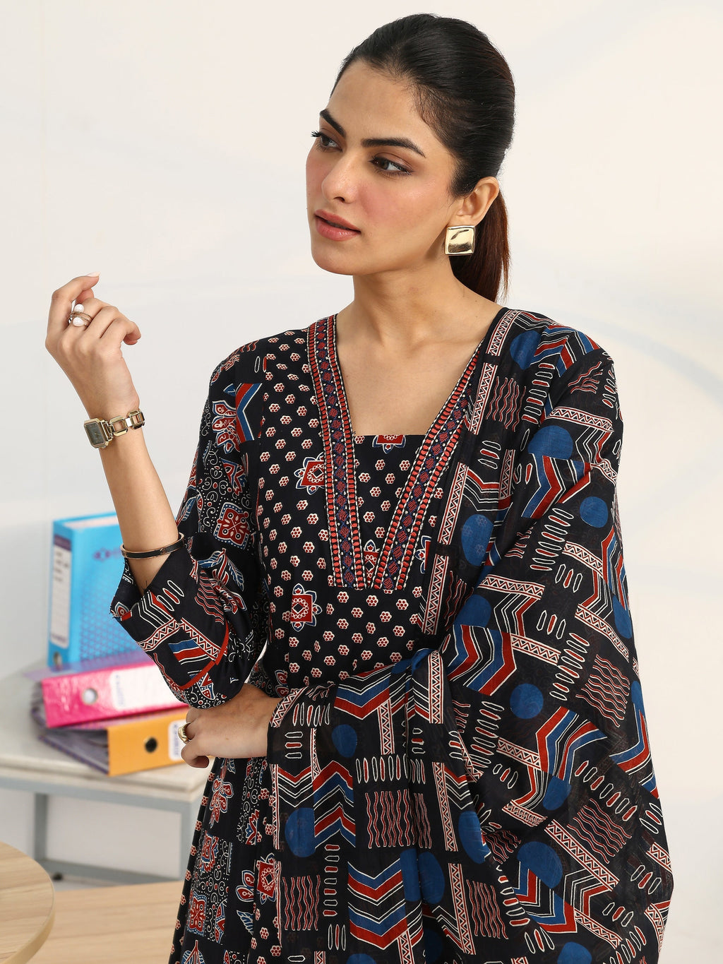 Gerua Black Ethnic Motifs Printed Cotton Blend A-Line Suit Set With Dupatta