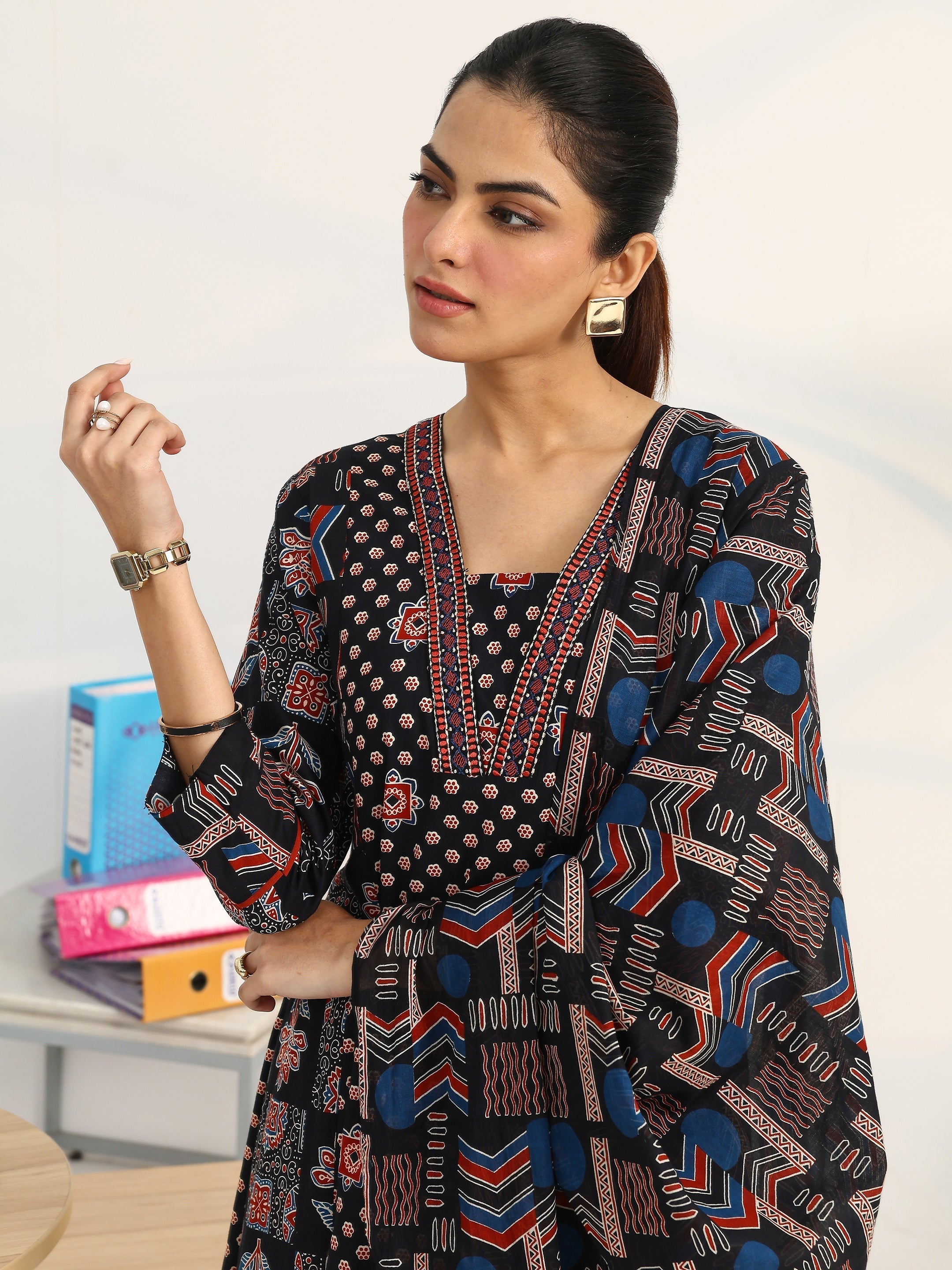 Gerua Black Ethnic Motifs Printed Cotton Blend A-Line Suit Set With Dupatta