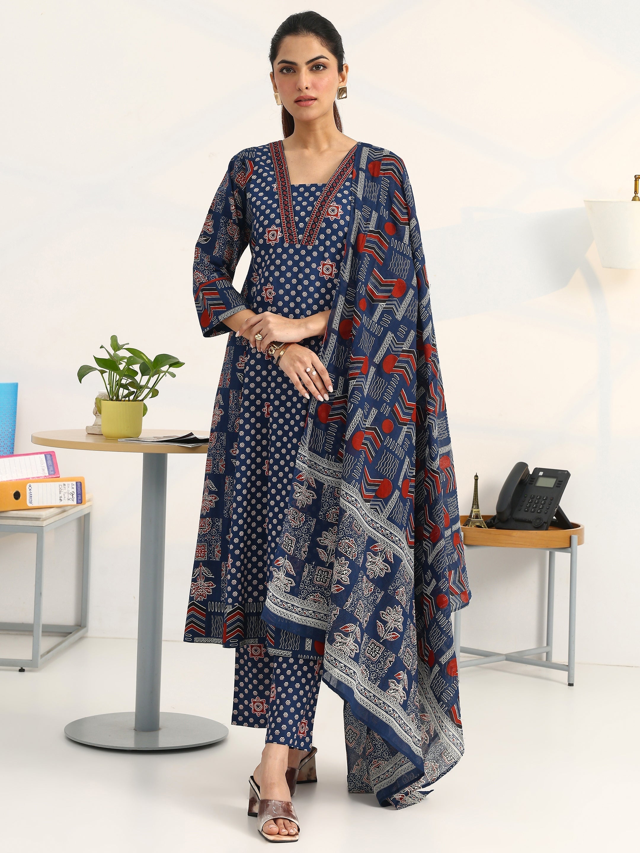 Gerua Blue Ethnic Motifs Printed Cotton Blend A-Line Suit Set With Dupatta