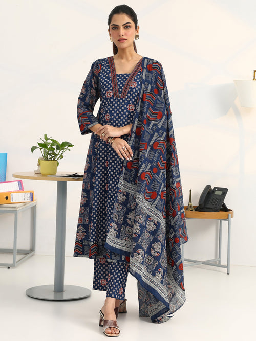 Gerua Blue Ethnic Motifs Printed Cotton Blend A-Line Suit Set With Dupatta