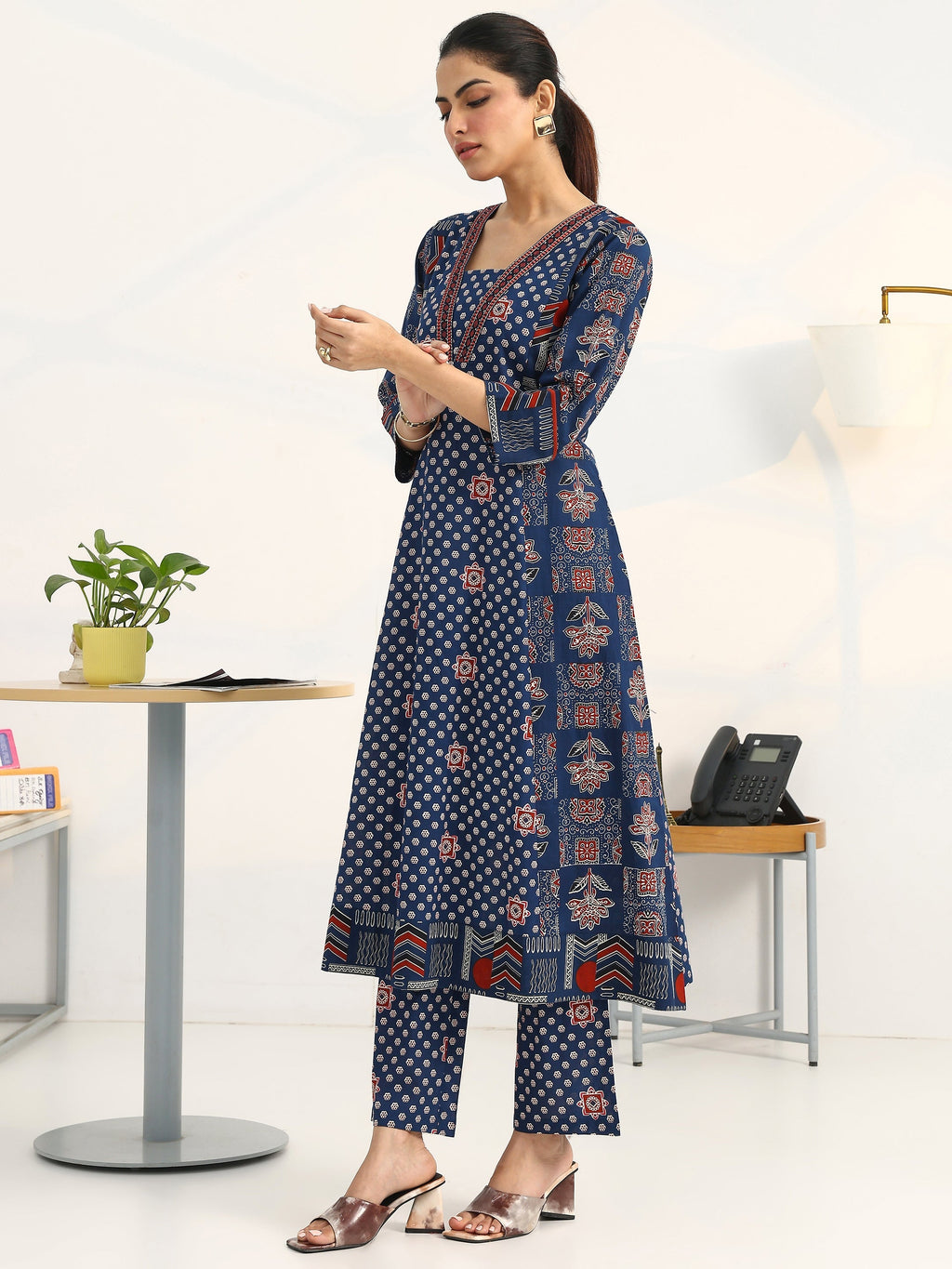 Gerua Blue Ethnic Motifs Printed Cotton Blend A-Line Suit Set With Dupatta