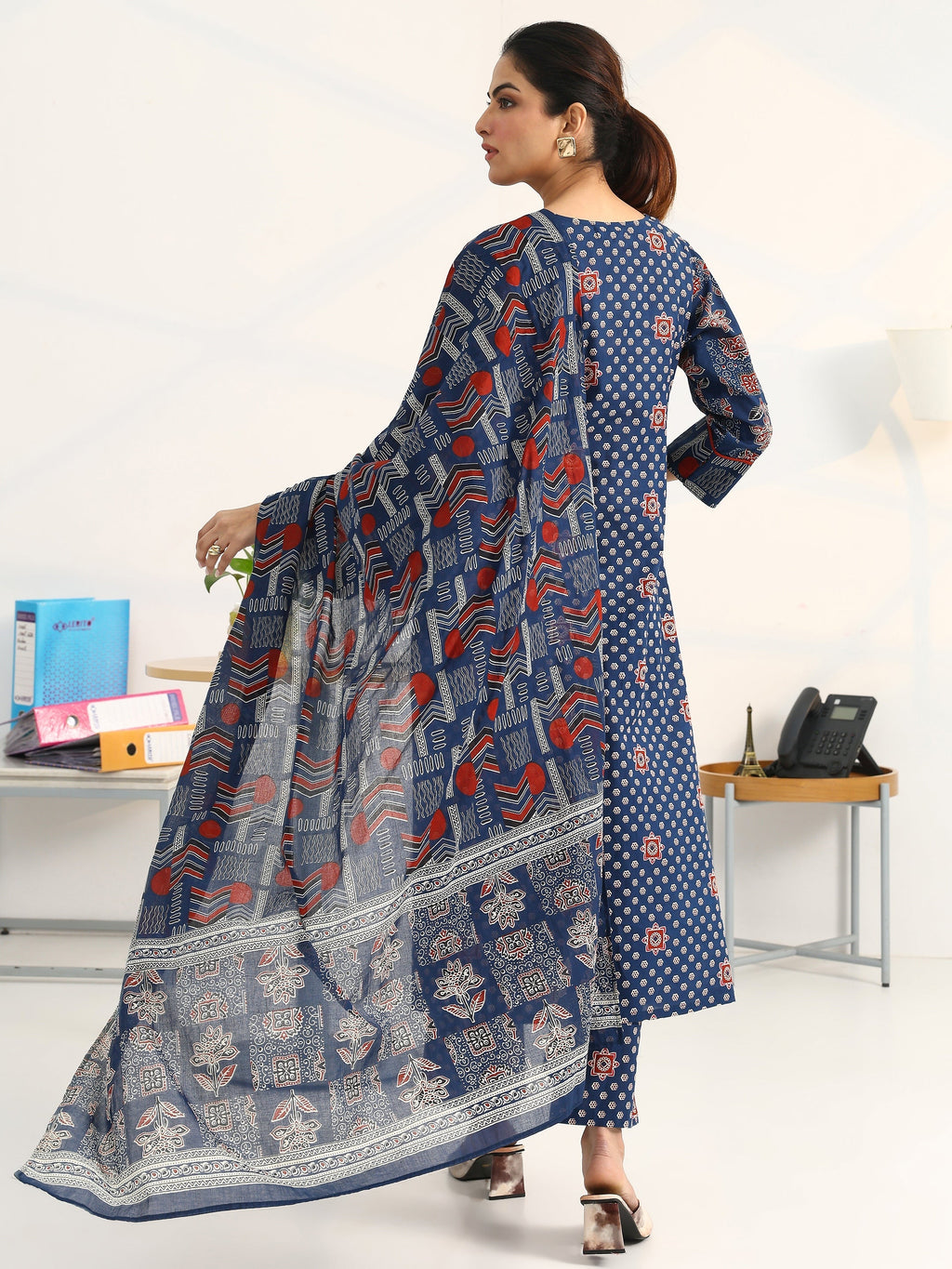 Gerua Blue Ethnic Motifs Printed Cotton Blend A-Line Suit Set With Dupatta