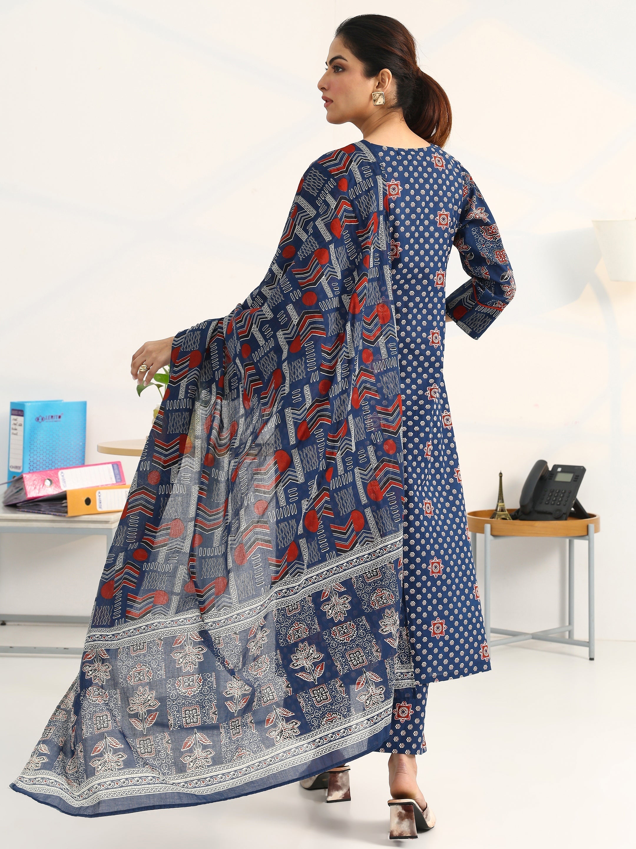 Gerua Blue Ethnic Motifs Printed Cotton Blend A-Line Suit Set With Dupatta