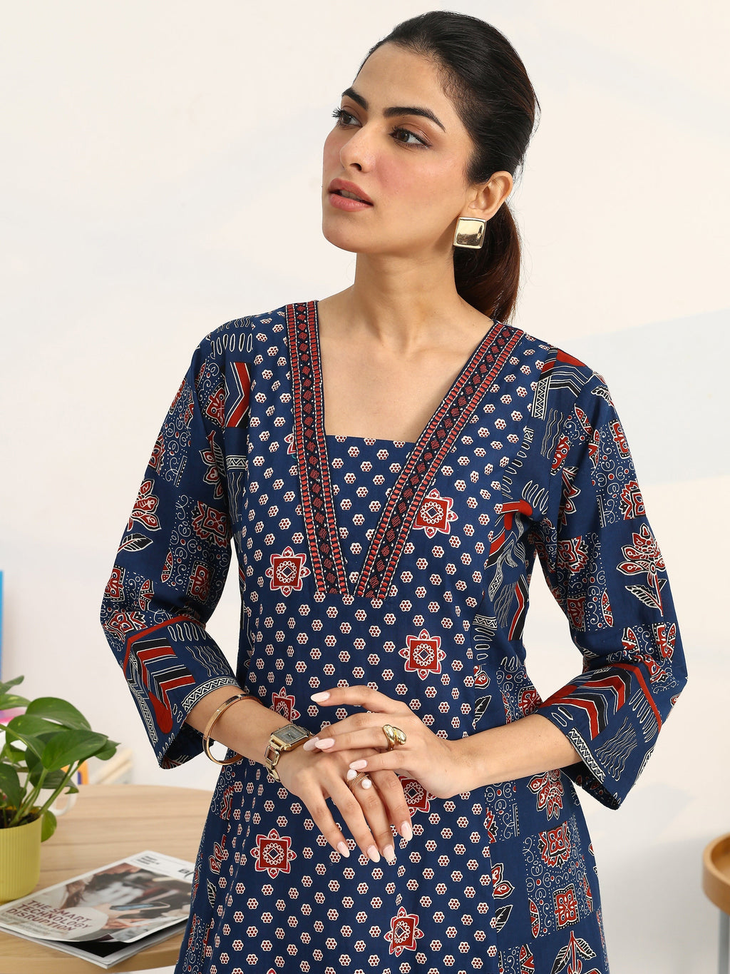 Gerua Blue Ethnic Motifs Printed Cotton Blend A-Line Suit Set With Dupatta