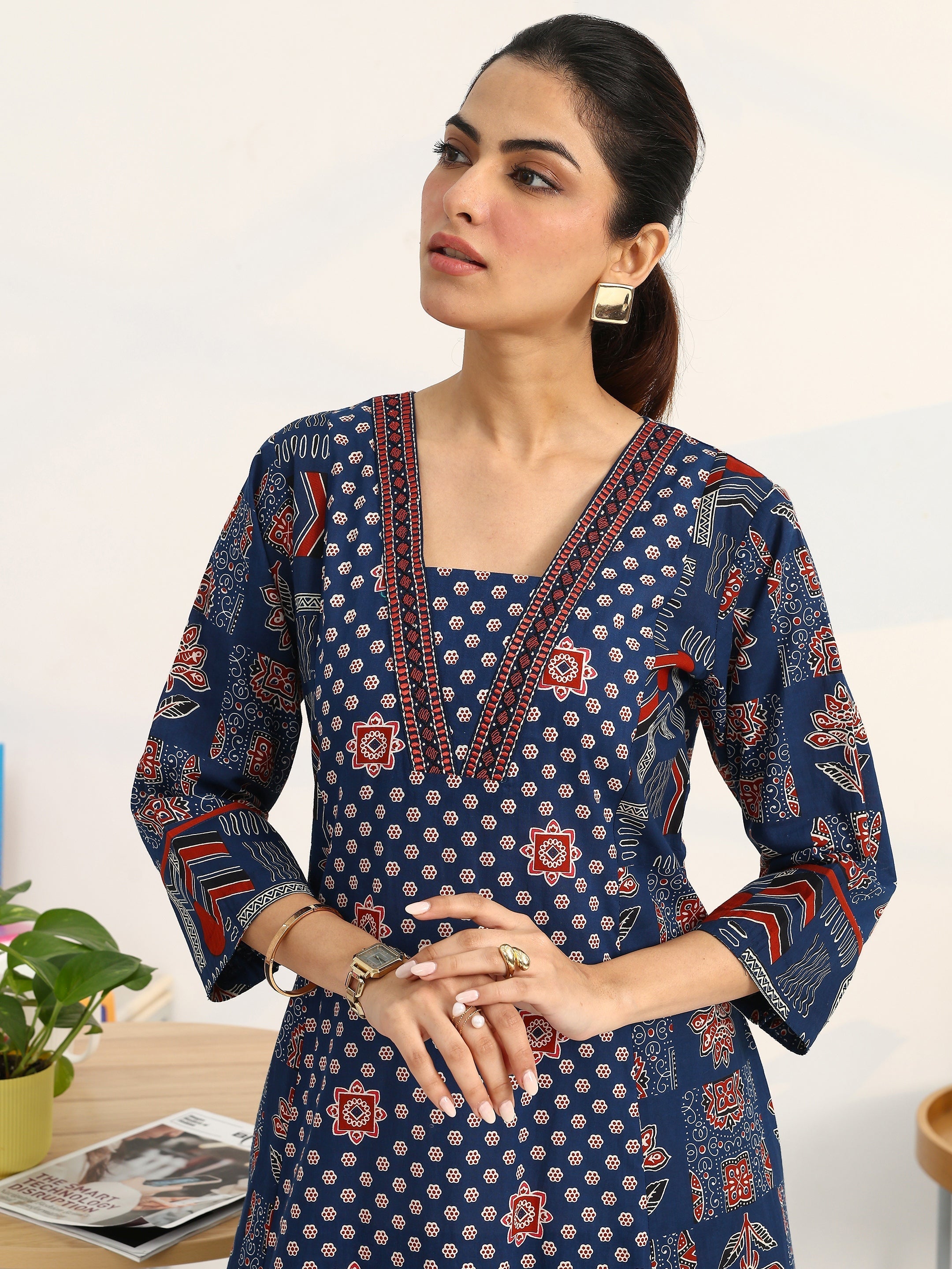 Gerua Blue Ethnic Motifs Printed Cotton Blend A-Line Suit Set With Dupatta
