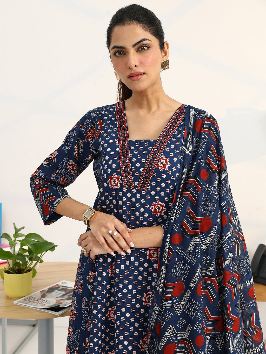 Gerua Blue Ethnic Motifs Printed Cotton Blend A-Line Suit Set With Dupatta