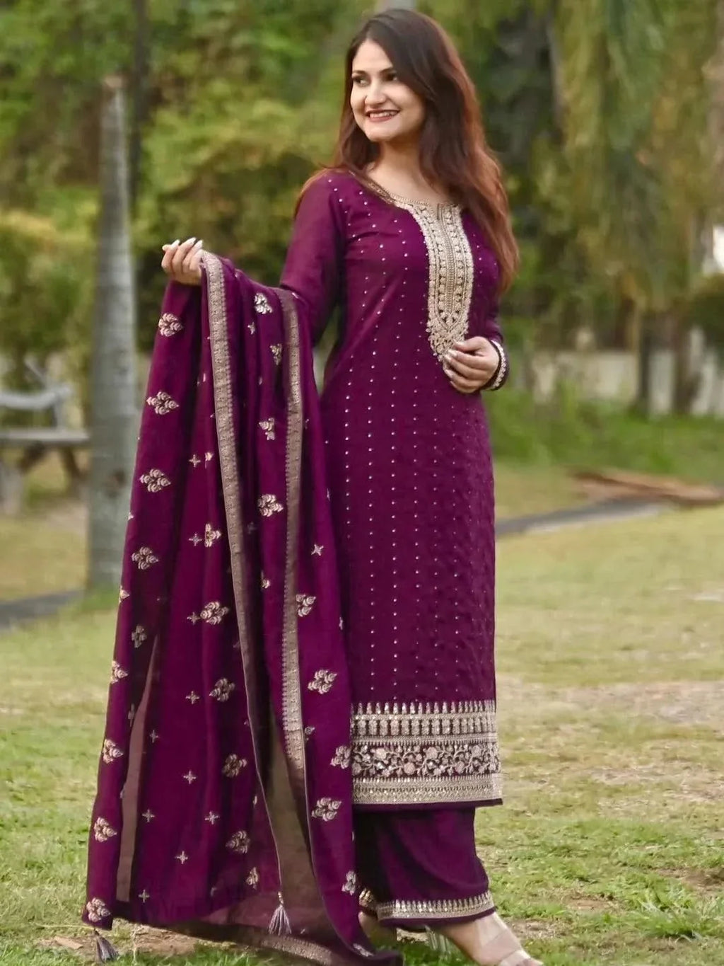 Libas Purple Embroidered Silk Blend Pakistani Suit