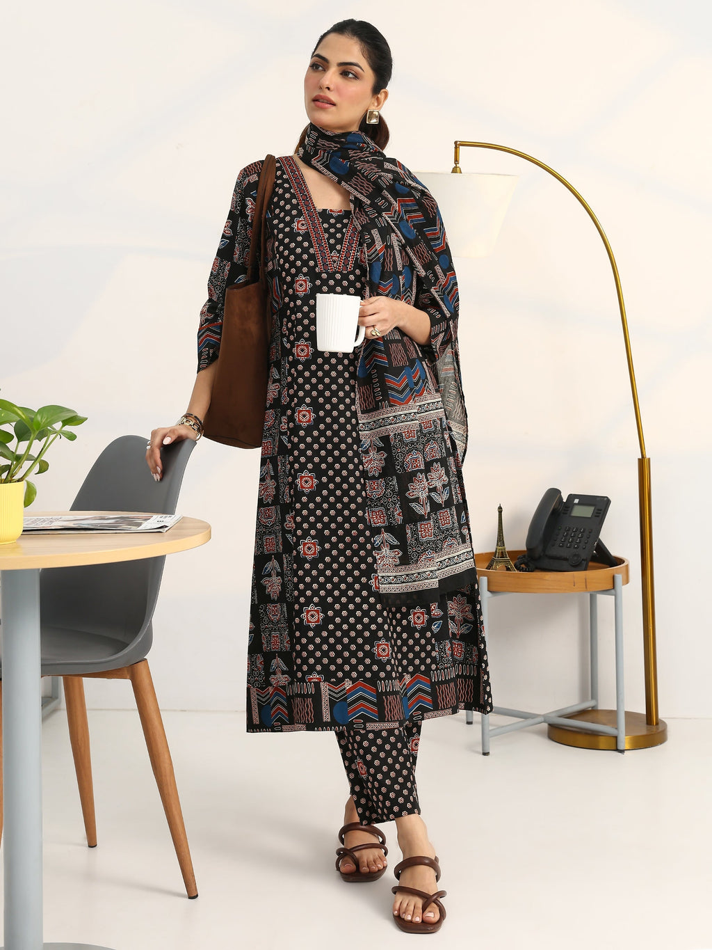 Gerua Black Ethnic Motifs Printed Cotton Blend A-Line Suit Set With Dupatta