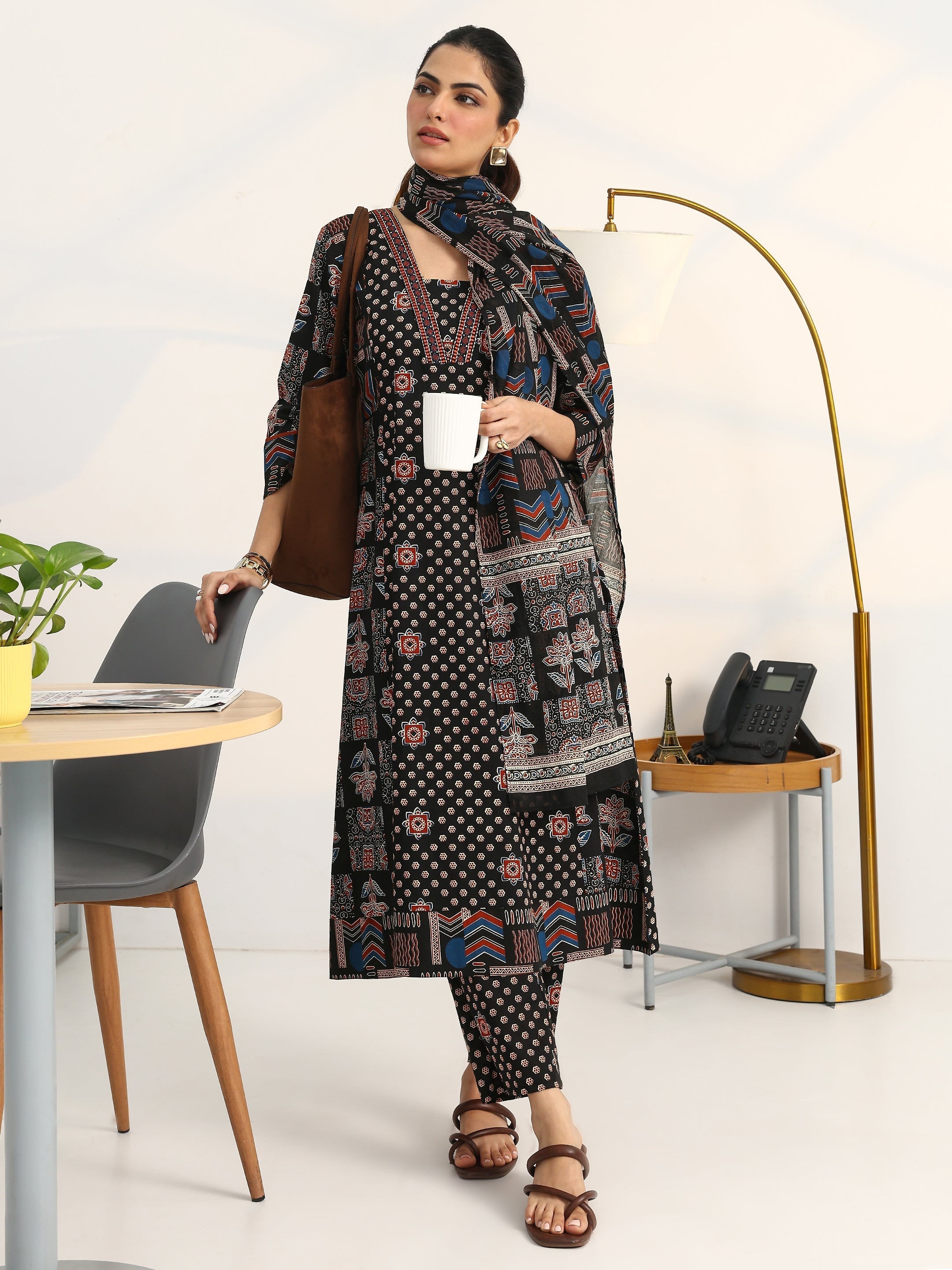 Gerua Black Ethnic Motifs Printed Cotton Blend A-Line Suit Set With Dupatta