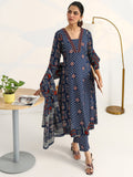 Gerua Blue Ethnic Motifs Printed Cotton Blend A-Line Suit Set With Dupatta