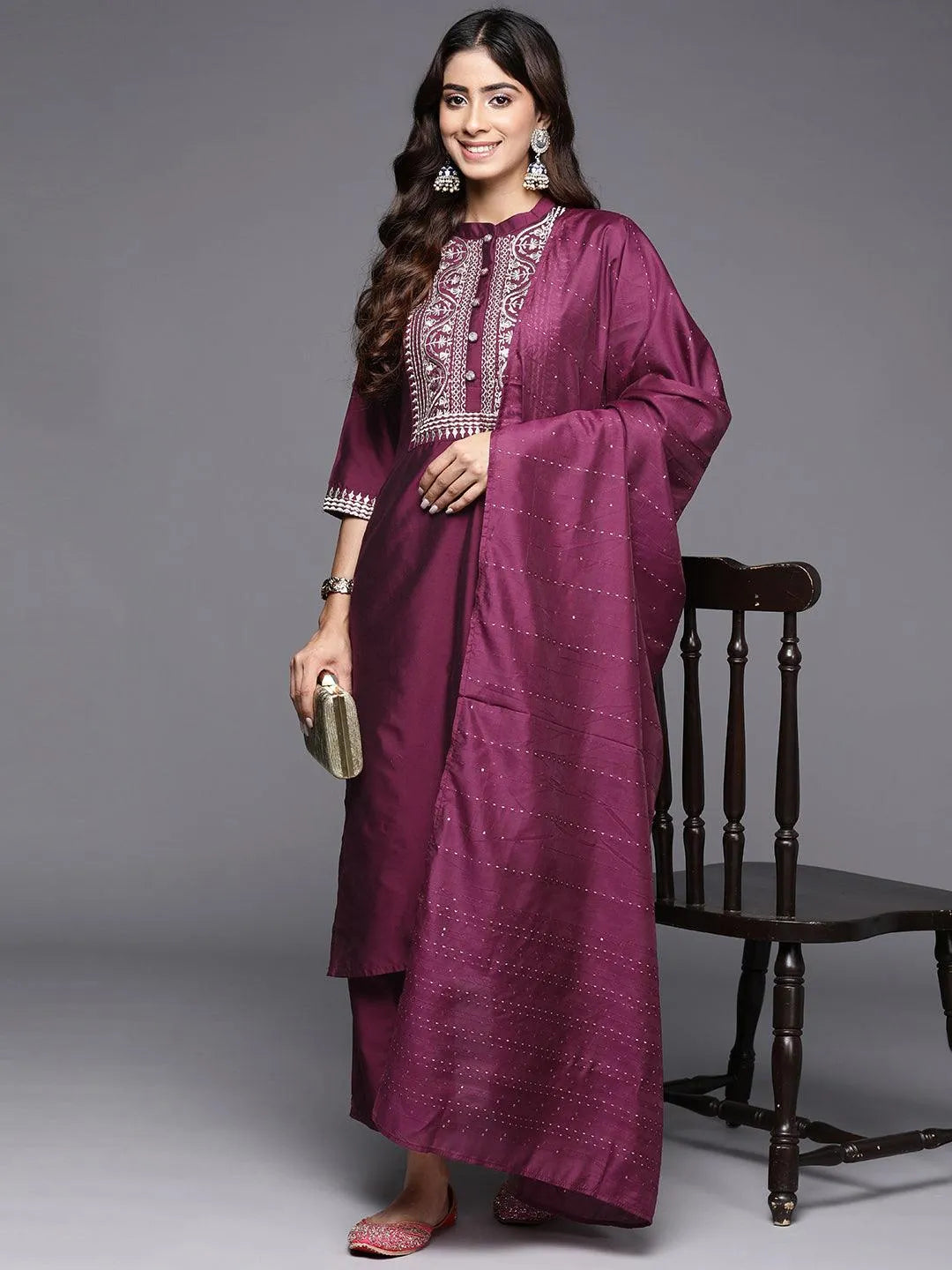Gerua Burgundy Yoke Design Silk Blend Straight Suit With Dupatta