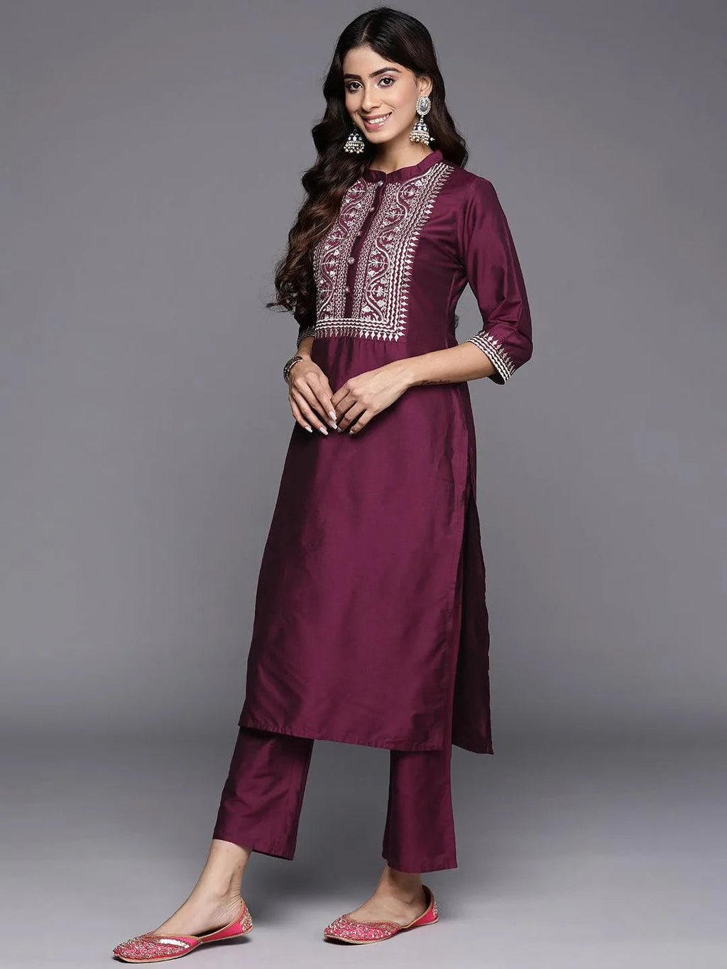 Gerua Burgundy Yoke Design Silk Blend Straight Suit With Dupatta