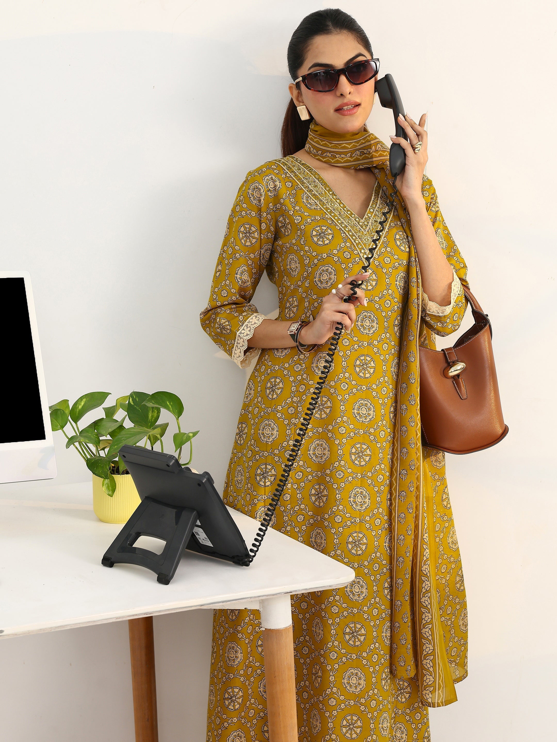 Gerua Green Floral Printed Cotton Blend A-Line Suit Set With Dupatta