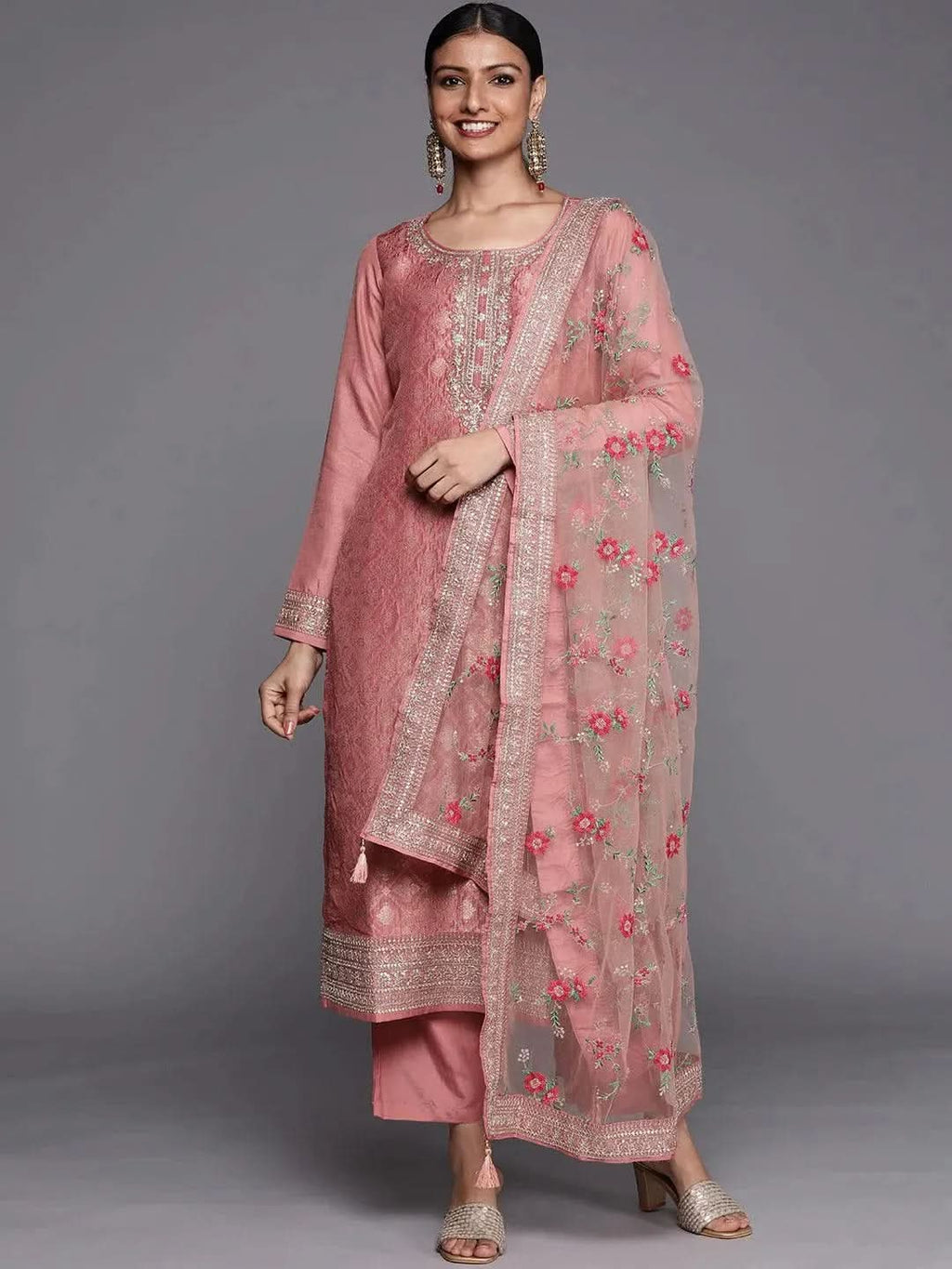 Libas Peach Self Design Silk Blend Straight Kurta With Dupatta