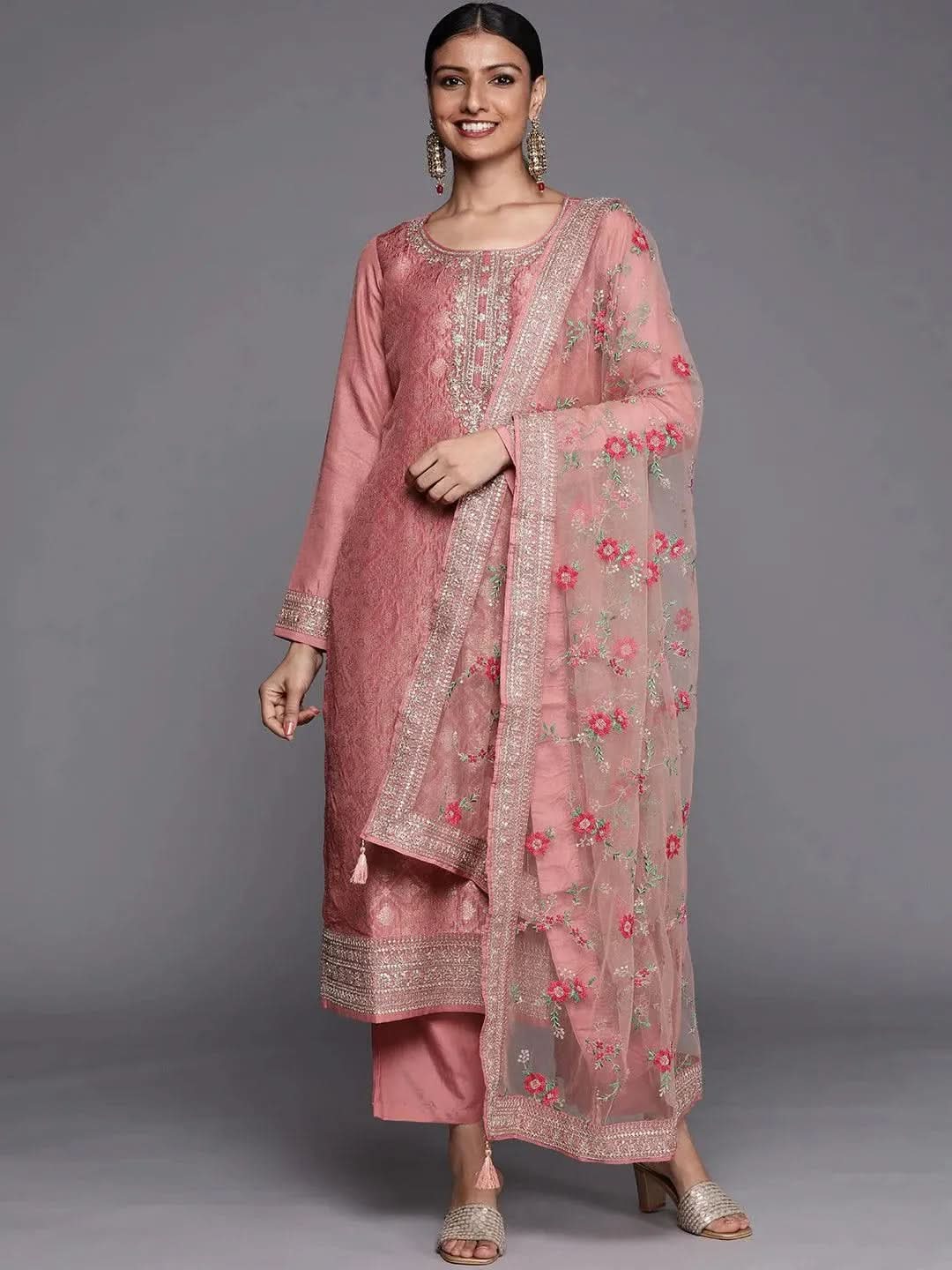 Libas Peach Self Design Silk Blend Straight Kurta With Dupatta