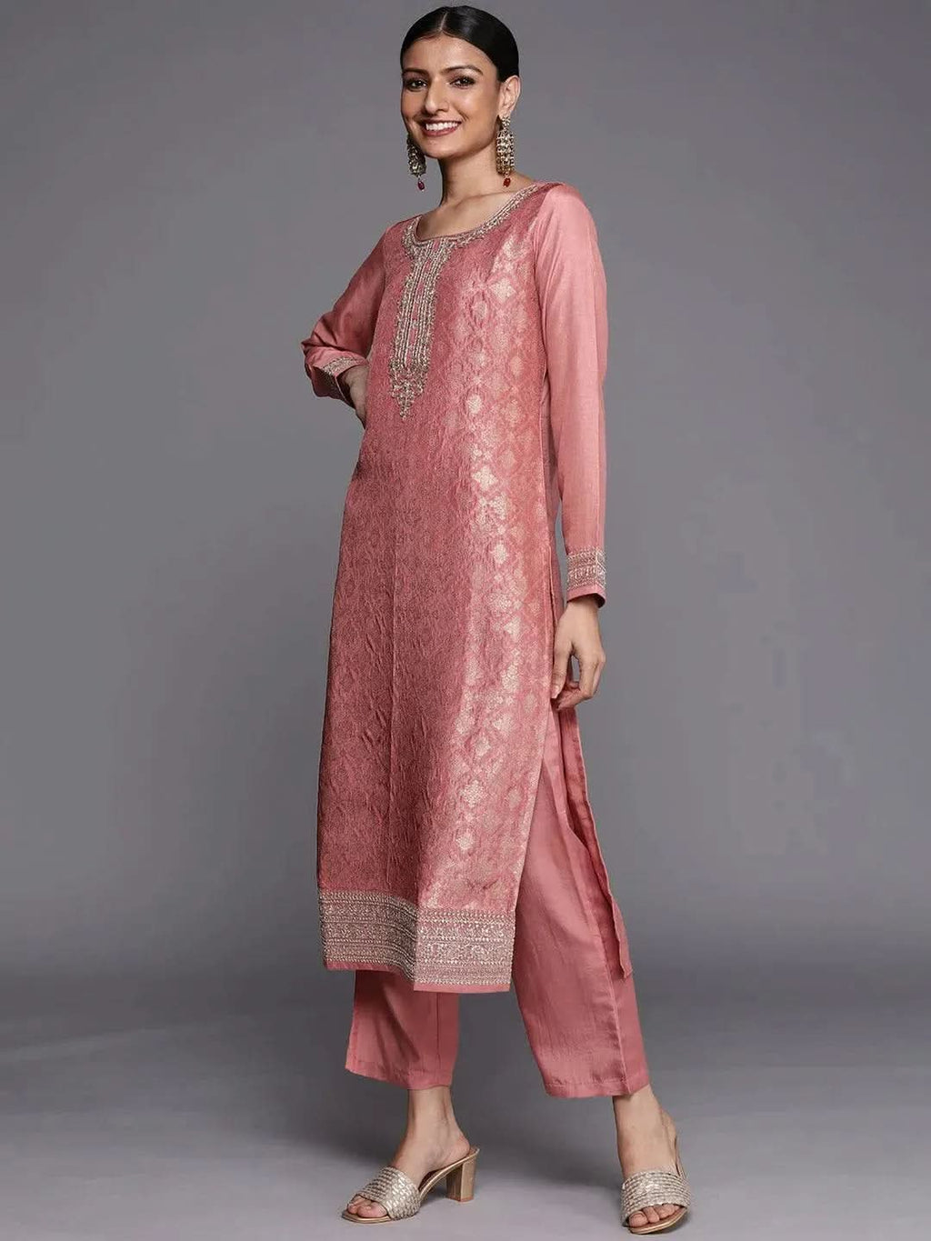 Libas Peach Self Design Silk Blend Straight Kurta With Dupatta