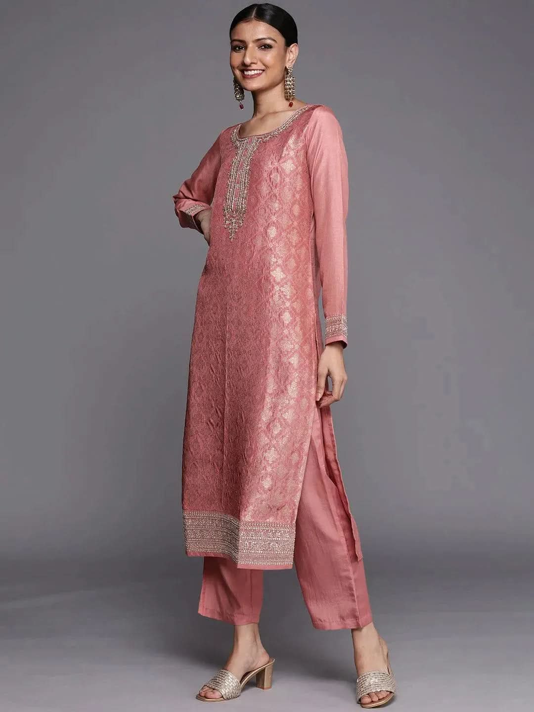 Libas Peach Self Design Silk Blend Straight Kurta With Dupatta