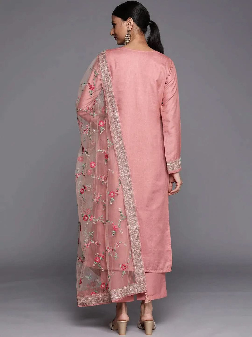 Libas Peach Self Design Silk Blend Straight Kurta With Dupatta