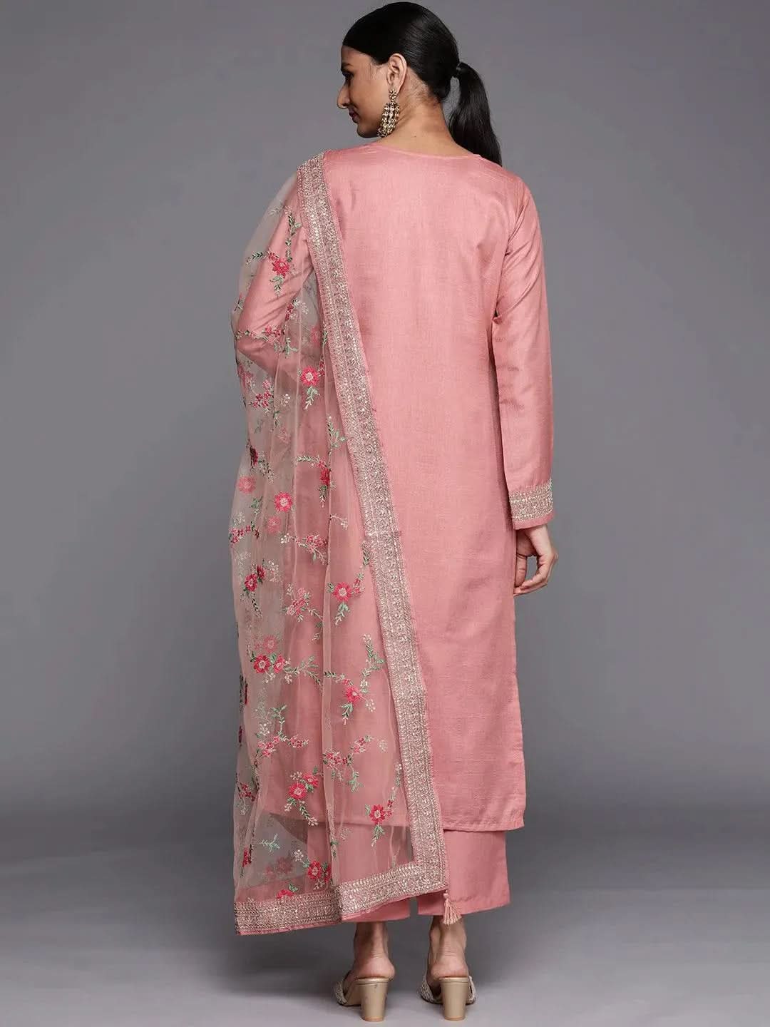 Libas Peach Self Design Silk Blend Straight Kurta With Dupatta
