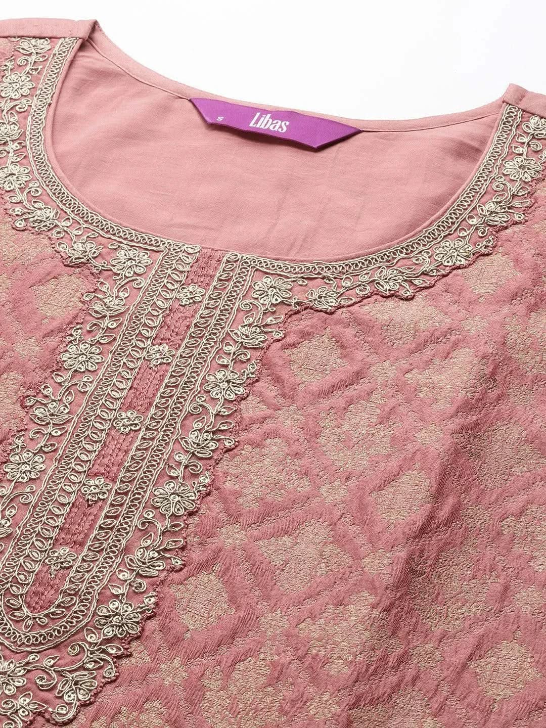 Libas Peach Self Design Silk Blend Straight Kurta With Dupatta