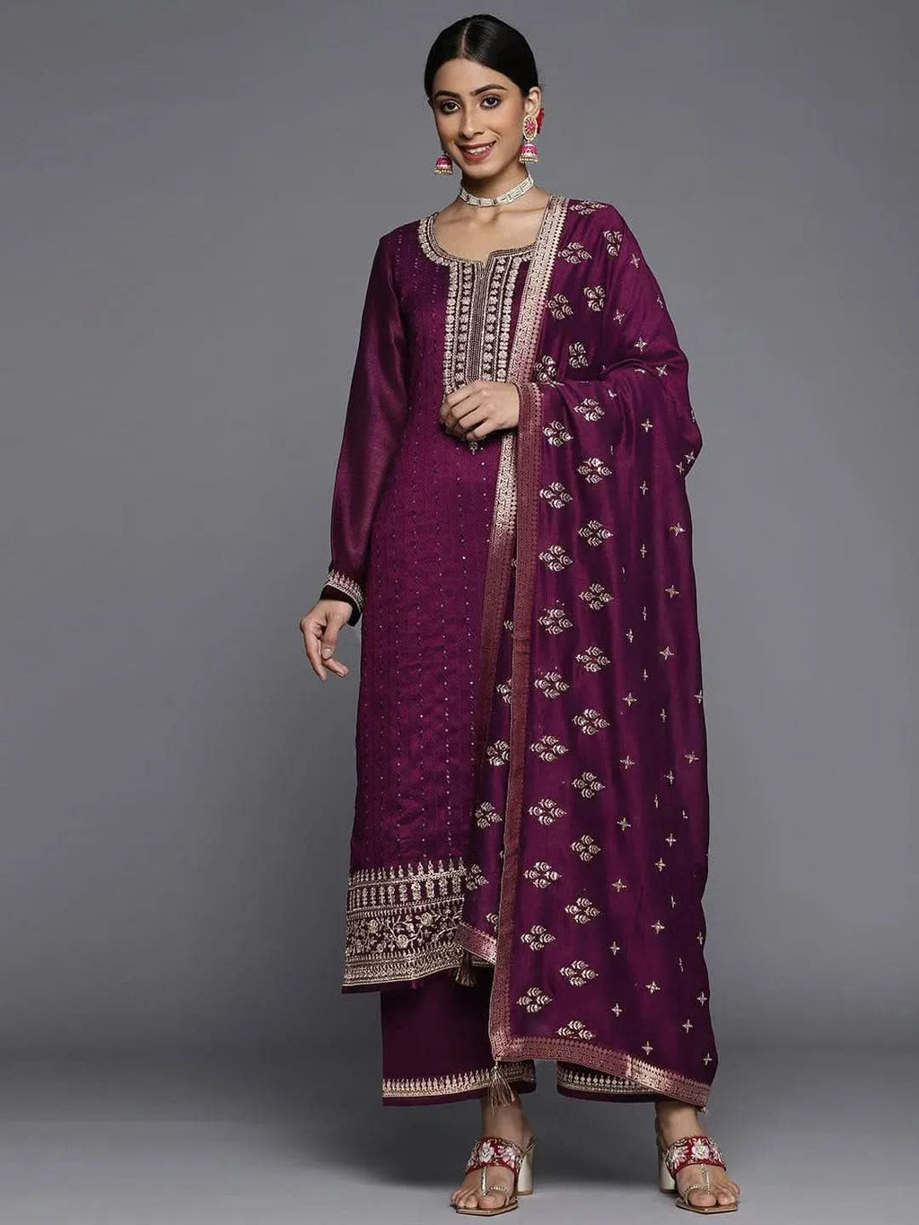 Libas Purple Embroidered Silk Blend Pakistani Suit