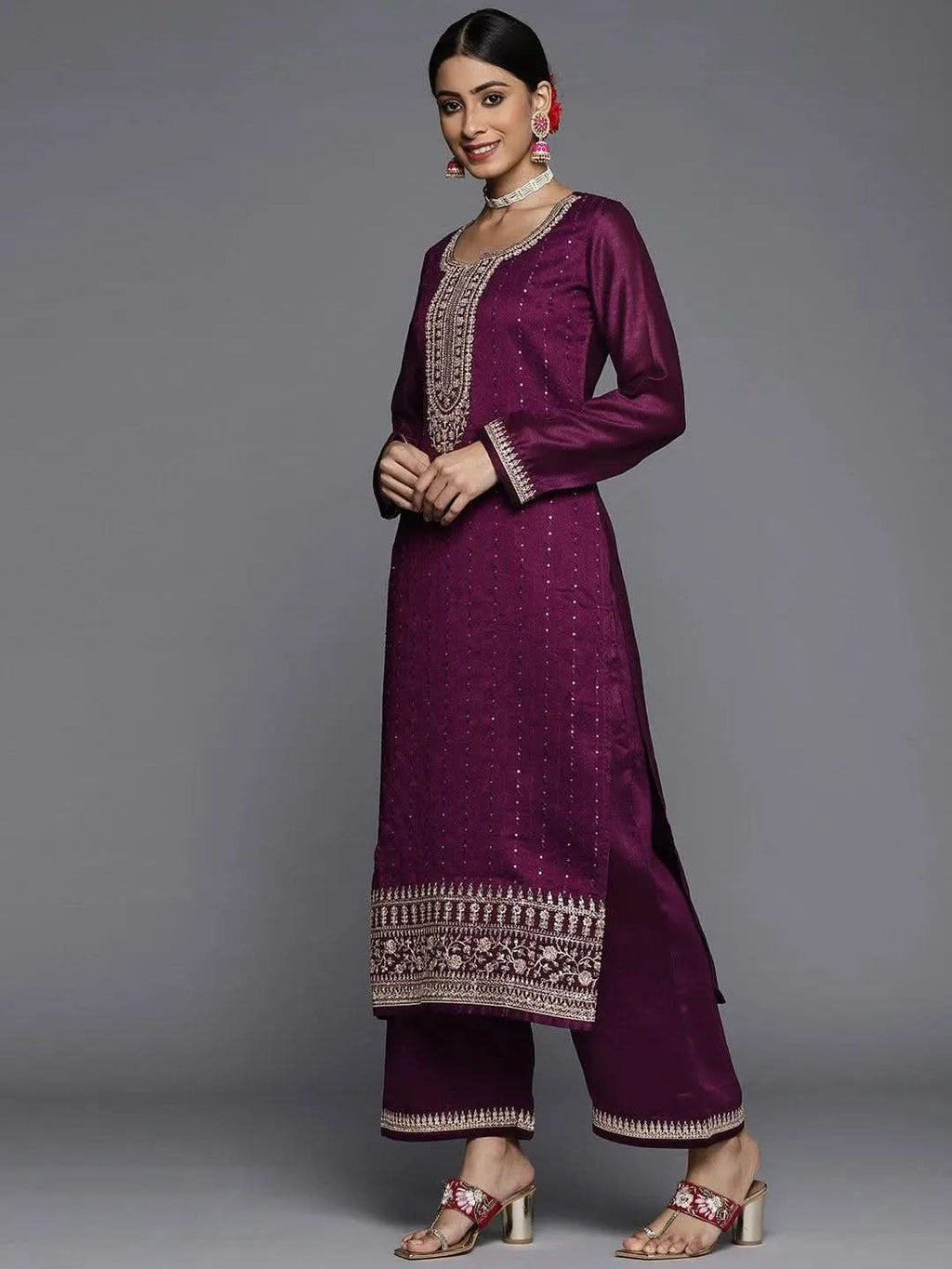 Libas Purple Embroidered Silk Blend Pakistani Suit