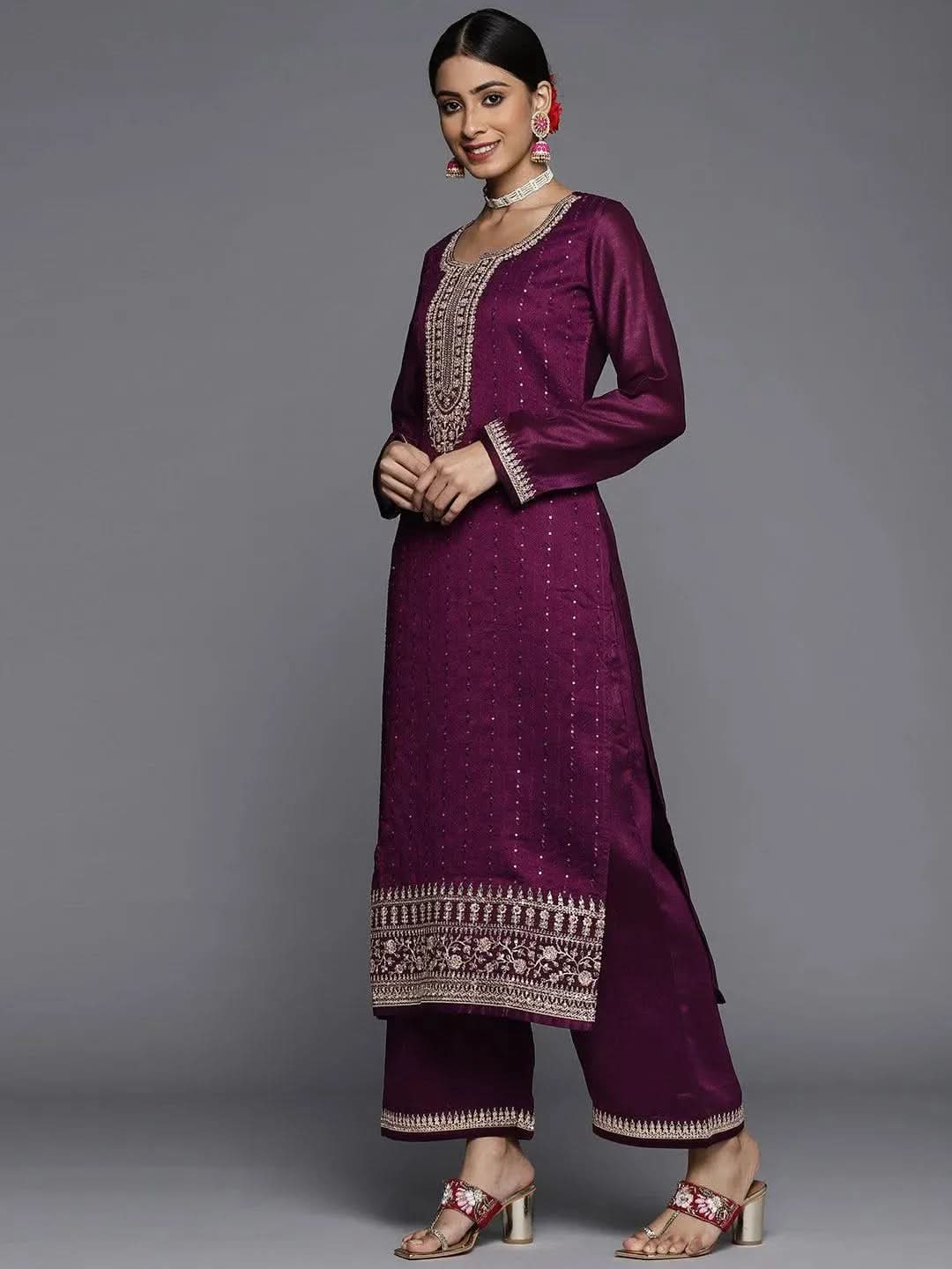 Libas Purple Embroidered Silk Blend Pakistani Suit