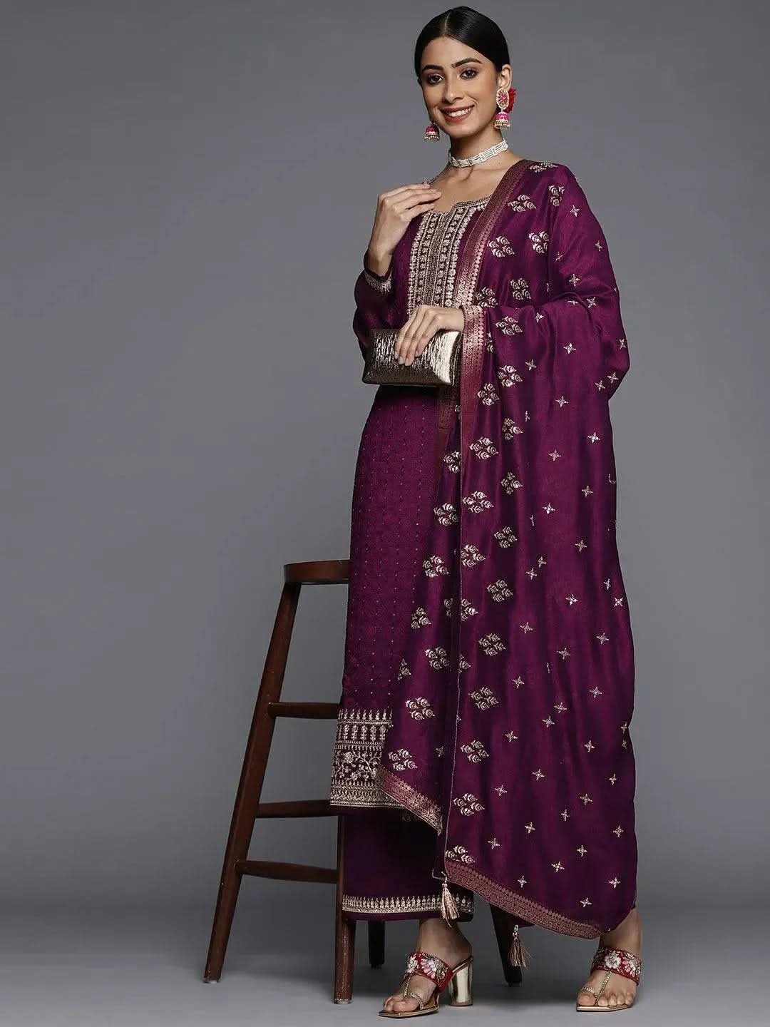 Libas Purple Embroidered Silk Blend Pakistani Suit