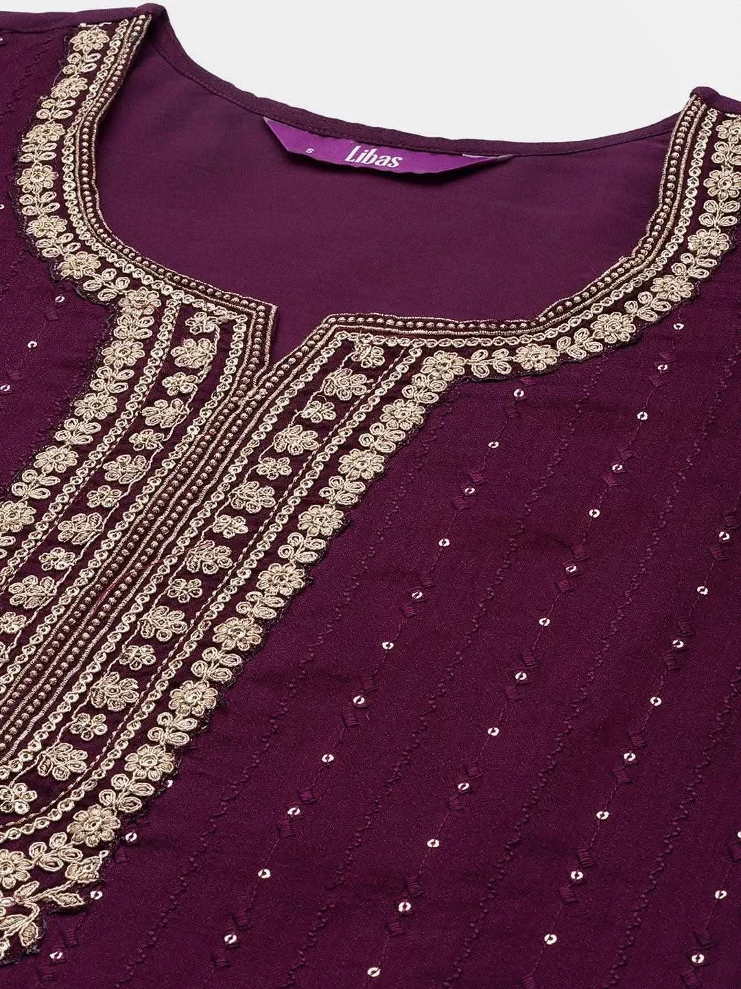 Libas Purple Embroidered Silk Blend Pakistani Suit